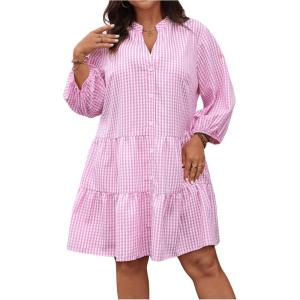 imageMakeMeChic Womens Plus Size Plaid Mini Dress Notched Lantern Sleeve Ruffle Button Smock DressesMulticolor