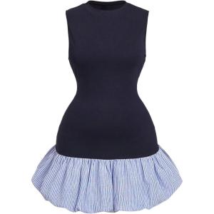 imageMakeMeChic Womens Plus Size Striped Bubble Dress Sleeveless Ruffled Bodycon Tank Mini DressesBlue