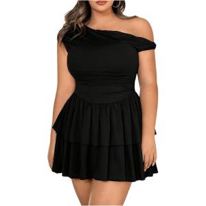 imageMakeMeChic Womens Plus Size Summer Dress Asymmetrical Neck Mini Dress Ruffle Tiered Cocktail DressesBlack