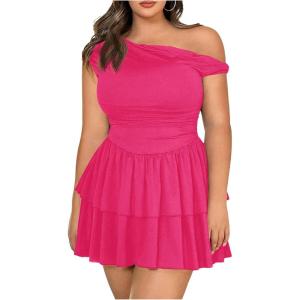 imageMakeMeChic Womens Plus Size Summer Dress Asymmetrical Neck Mini Dress Ruffle Tiered Cocktail DressesHot Pink