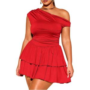 imageMakeMeChic Womens Plus Size Summer Dress Asymmetrical Neck Mini Dress Ruffle Tiered Cocktail DressesRed