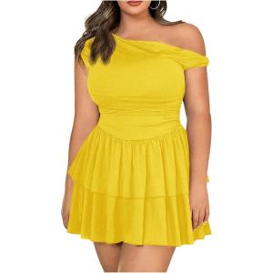 imageMakeMeChic Womens Plus Size Summer Dress Asymmetrical Neck Mini Dress Ruffle Tiered Cocktail DressesYellow