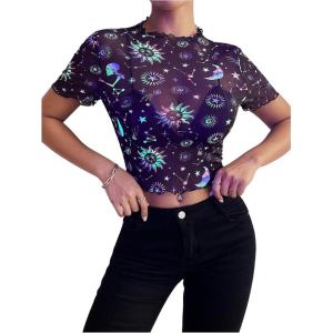 imageMakeMeChic Womens Reflective Mesh Sheer Crop Top Butterfly Short Sleeve Lettuce Trim T ShirtMulticolor a