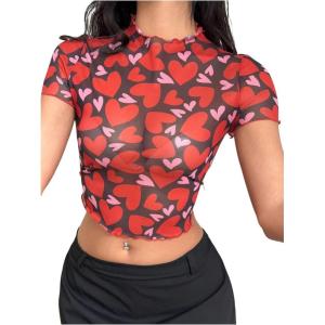imageMakeMeChic Womens Reflective Mesh Sheer Crop Top Butterfly Short Sleeve Lettuce Trim T ShirtRed