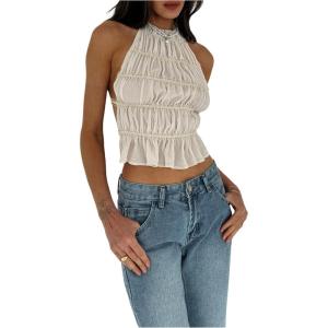 imageMakeMeChic Womens Ruffle Layered Halter Top Sleeveless Tie Back Y2K Crop TopsBeige