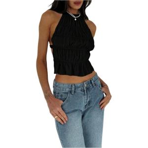imageMakeMeChic Womens Ruffle Layered Halter Top Sleeveless Tie Back Y2K Crop TopsBlack