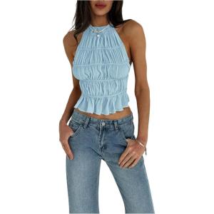imageMakeMeChic Womens Ruffle Layered Halter Top Sleeveless Tie Back Y2K Crop TopsBlue
