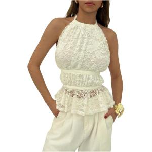 imageMakeMeChic Womens Ruffle Layered Halter Top Sleeveless Tie Back Y2K Crop TopsFloral White