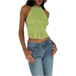 imageMakeMeChic Womens Ruffle Layered Halter Top Sleeveless Tie Back Y2K Crop TopsGreen