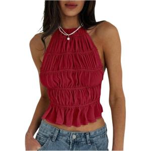 imageMakeMeChic Womens Ruffle Layered Halter Top Sleeveless Tie Back Y2K Crop TopsRed