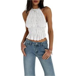 imageMakeMeChic Womens Ruffle Layered Halter Top Sleeveless Tie Back Y2K Crop TopsWhite