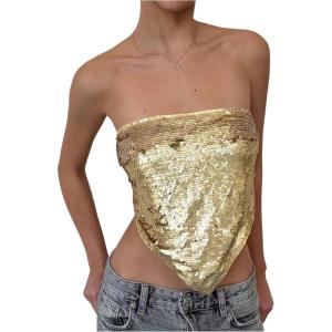 imageMakeMeChic Womens Sequin Sparkly Tie Backless Tube Crop Tops Strapless Bandeau Top ClubwearGold