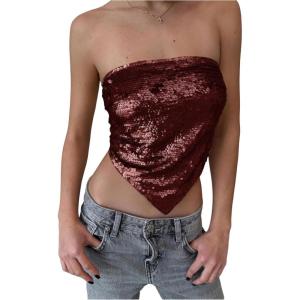 imageMakeMeChic Womens Sequin Sparkly Tie Backless Tube Crop Tops Strapless Bandeau Top ClubwearRed