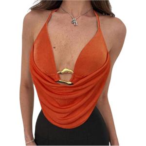 imageMakeMeChic Womens Sexy Deep V Neck Halter Top Backless Going Out Top Y2k Crop TopsOrange