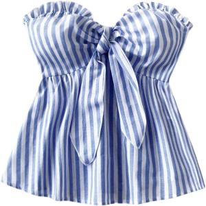 imageMakeMeChic Womens Striped Bandeau Shirt Bow Knot Frill Trim Ruffle Hem Shirred Summer Y2k Tube TopBlue