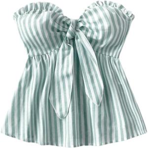 imageMakeMeChic Womens Striped Bandeau Shirt Bow Knot Frill Trim Ruffle Hem Shirred Summer Y2k Tube TopGreen