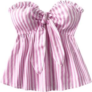 imageMakeMeChic Womens Striped Bandeau Shirt Bow Knot Frill Trim Ruffle Hem Shirred Summer Y2k Tube TopPink