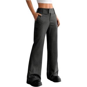 imageMakeMeChic Womens Striped Dressy Pants Straight Leg Work Office Long TrousersBlack