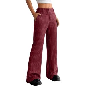 imageMakeMeChic Womens Striped Dressy Pants Straight Leg Work Office Long TrousersBurgundy