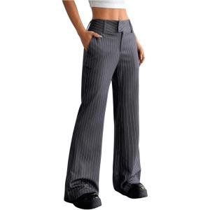 imageMakeMeChic Womens Striped Dressy Pants Straight Leg Work Office Long TrousersDark Grey