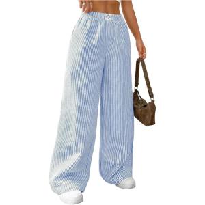 imageMakeMeChic Womens Striped Pants Elastic Waist Wide Leg Straight Summer TrousersBlue