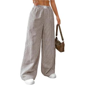 imageMakeMeChic Womens Striped Pants Elastic Waist Wide Leg Straight Summer TrousersKhaki
