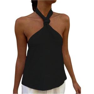 imageMakeMeChic Womens Summer Halter Tops Criss Cross Casual Sleeveless Tie Backless Textured ShirtBlack