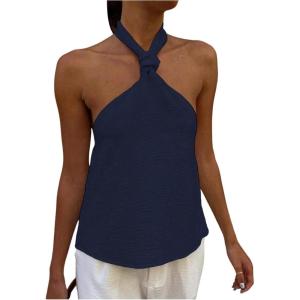 imageMakeMeChic Womens Summer Halter Tops Criss Cross Casual Sleeveless Tie Backless Textured ShirtBlue