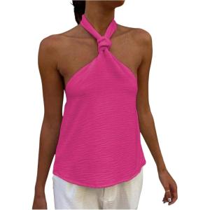 imageMakeMeChic Womens Summer Halter Tops Criss Cross Casual Sleeveless Tie Backless Textured ShirtHot Pink