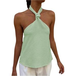 imageMakeMeChic Womens Summer Halter Tops Criss Cross Casual Sleeveless Tie Backless Textured ShirtMint Green