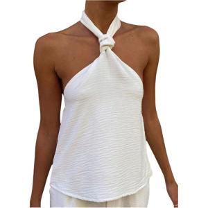 imageMakeMeChic Womens Summer Halter Tops Criss Cross Casual Sleeveless Tie Backless Textured ShirtWhite
