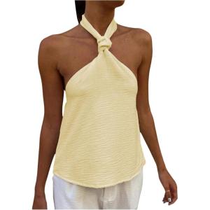imageMakeMeChic Womens Summer Halter Tops Criss Cross Casual Sleeveless Tie Backless Textured ShirtYellow