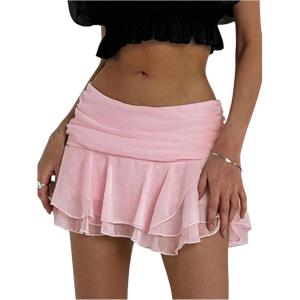 imageMakeMeChic Womens Tiered Layer Ruched Mesh Sheer Flared Ruffle Hem Summer Y2K Mini SkirtsPink