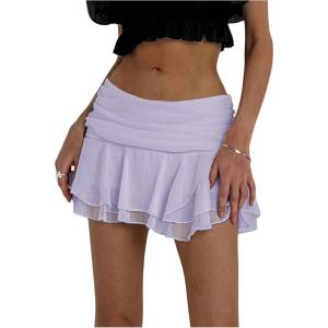 imageMakeMeChic Womens Tiered Layer Ruched Mesh Sheer Flared Ruffle Hem Summer Y2K Mini SkirtsPurple