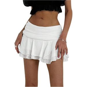 imageMakeMeChic Womens Tiered Layer Ruched Mesh Sheer Flared Ruffle Hem Summer Y2K Mini SkirtsWhite