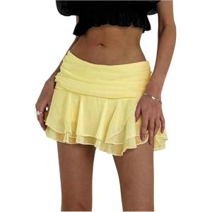 imageMakeMeChic Womens Tiered Layer Ruched Mesh Sheer Flared Ruffle Hem Summer Y2K Mini SkirtsYellow