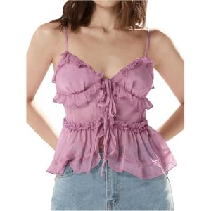 imageMakeMeChic Womens V Neck Mesh Cami Top Bow Tie Front Spaghetti Strap Frill Trim Ruffle Hem Camisole TopsMauve Purple