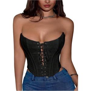 imageMakeMeChic Womens Y2K Corset Tops Renaissance Bustier Lace Up Floral Embroidery Strapless Grommet Tube Crop TopBlack
