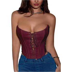 imageMakeMeChic Womens Y2K Corset Tops Renaissance Bustier Lace Up Floral Embroidery Strapless Grommet Tube Crop TopBurgundy