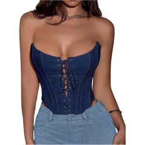 imageMakeMeChic Womens Y2K Corset Tops Renaissance Bustier Lace Up Floral Embroidery Strapless Grommet Tube Crop TopDark Blue