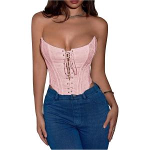 imageMakeMeChic Womens Y2K Corset Tops Renaissance Bustier Lace Up Floral Embroidery Strapless Grommet Tube Crop TopPink