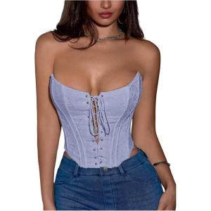 imageMakeMeChic Womens Y2K Corset Tops Renaissance Bustier Lace Up Floral Embroidery Strapless Grommet Tube Crop TopPurple
