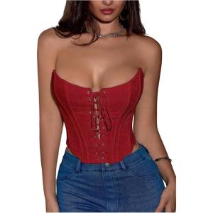 imageMakeMeChic Womens Y2K Corset Tops Renaissance Bustier Lace Up Floral Embroidery Strapless Grommet Tube Crop TopRed