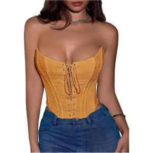 imageMakeMeChic Womens Y2K Corset Tops Renaissance Bustier Lace Up Floral Embroidery Strapless Grommet Tube Crop TopYellow
