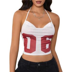 imageMakeMeChic Womens Y2k Jersey Shirts Letter Print Top Halter Top Draped Tie Backless Lace Up Tank Crop TopsWhite