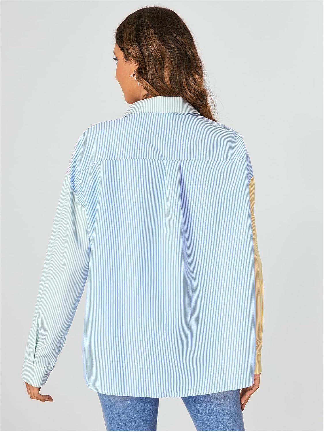 imageMakeMeChic Womens Striped Colorblork Blouse Oversized Collared Button Down Shirt Long Sleeve TopMulticolor