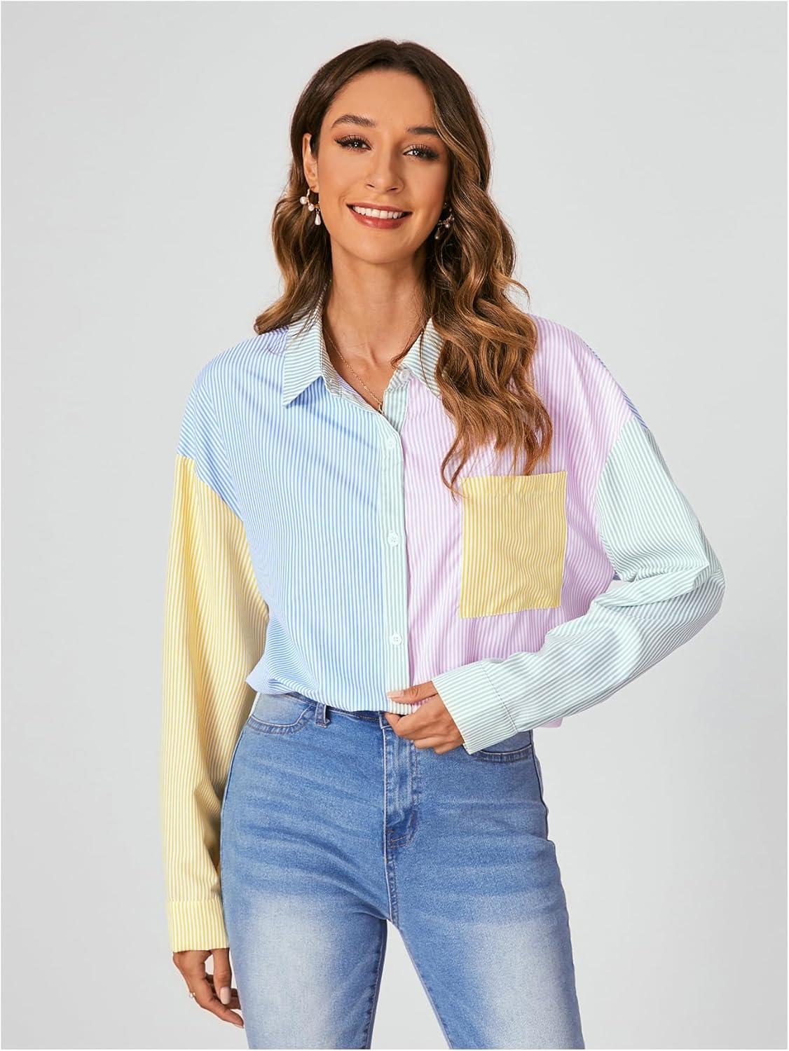 imageMakeMeChic Womens Striped Colorblork Blouse Oversized Collared Button Down Shirt Long Sleeve TopMulticolor