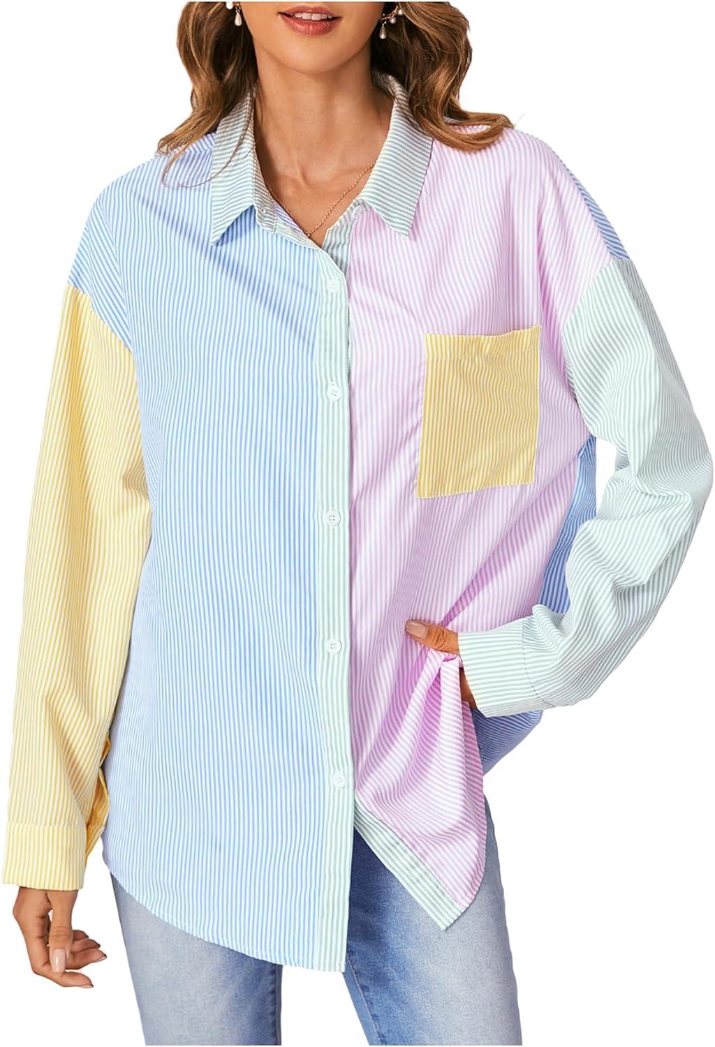 imageMakeMeChic Womens Striped Colorblork Blouse Oversized Collared Button Down Shirt Long Sleeve TopMulticolor