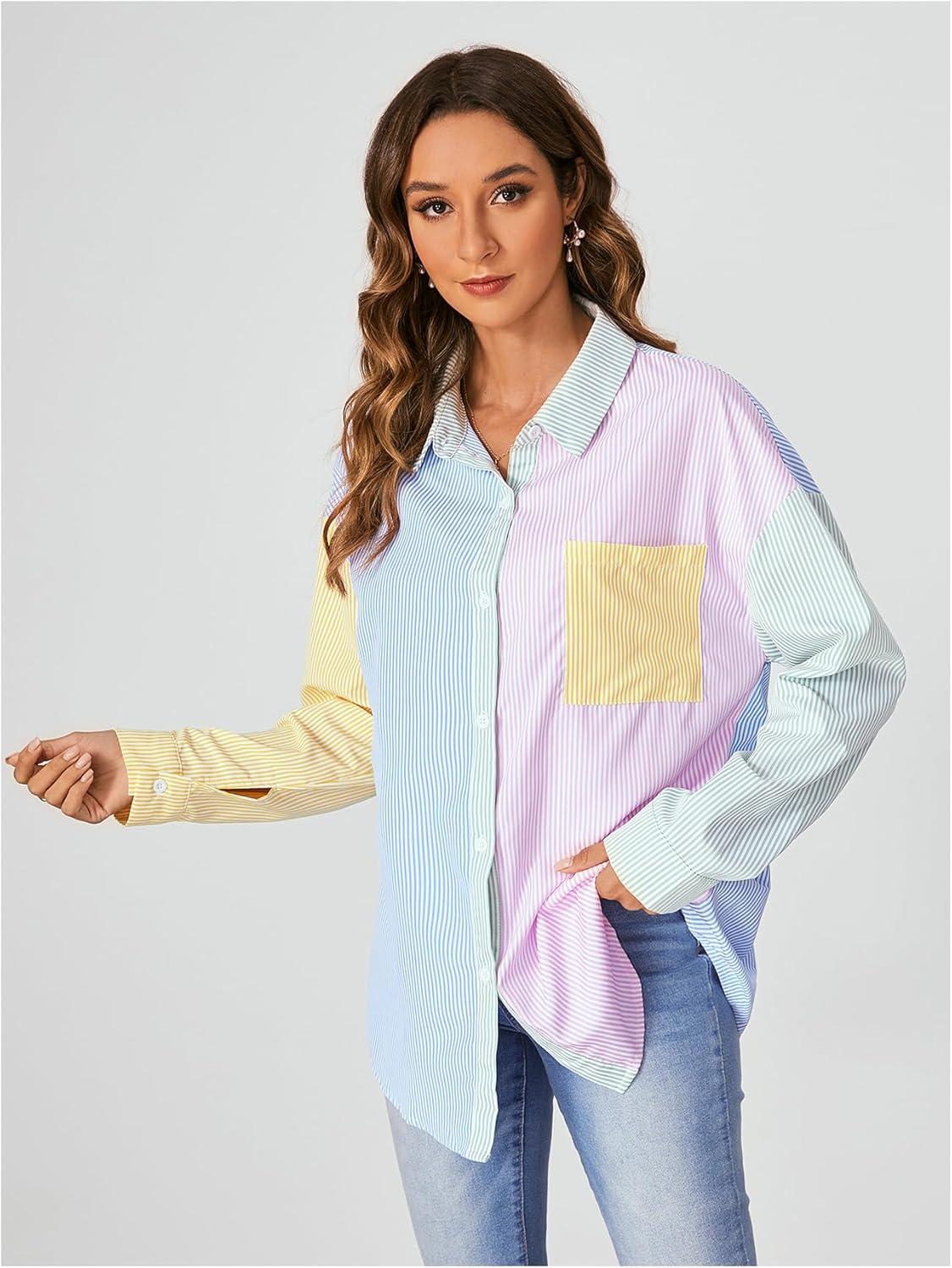 imageMakeMeChic Womens Striped Colorblork Blouse Oversized Collared Button Down Shirt Long Sleeve TopMulticolor