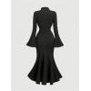 imageMakeMeChic Womens 3D Floral Bell Sleeve Mock Neck Midi Dress Ruffle Hem Bodycon Wedding Guest DressesBlack